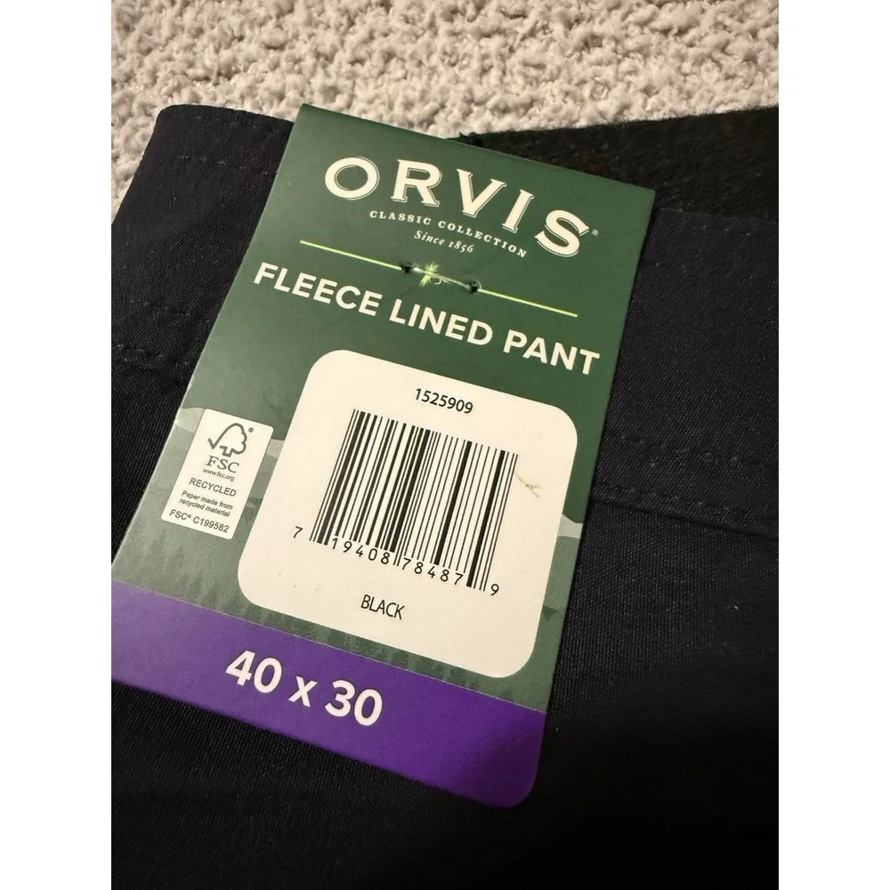 ORVIS Fleece Lined Pants Black Stretch Men's Size 40x30 Fishing Water Repellent